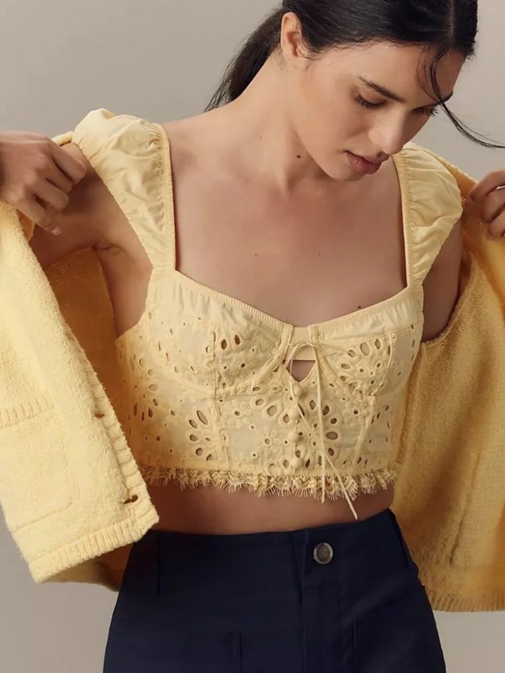 By Anthropologie Eyelet Ruffle Crop Top Bustier in Pineapple Yellow XL NWT